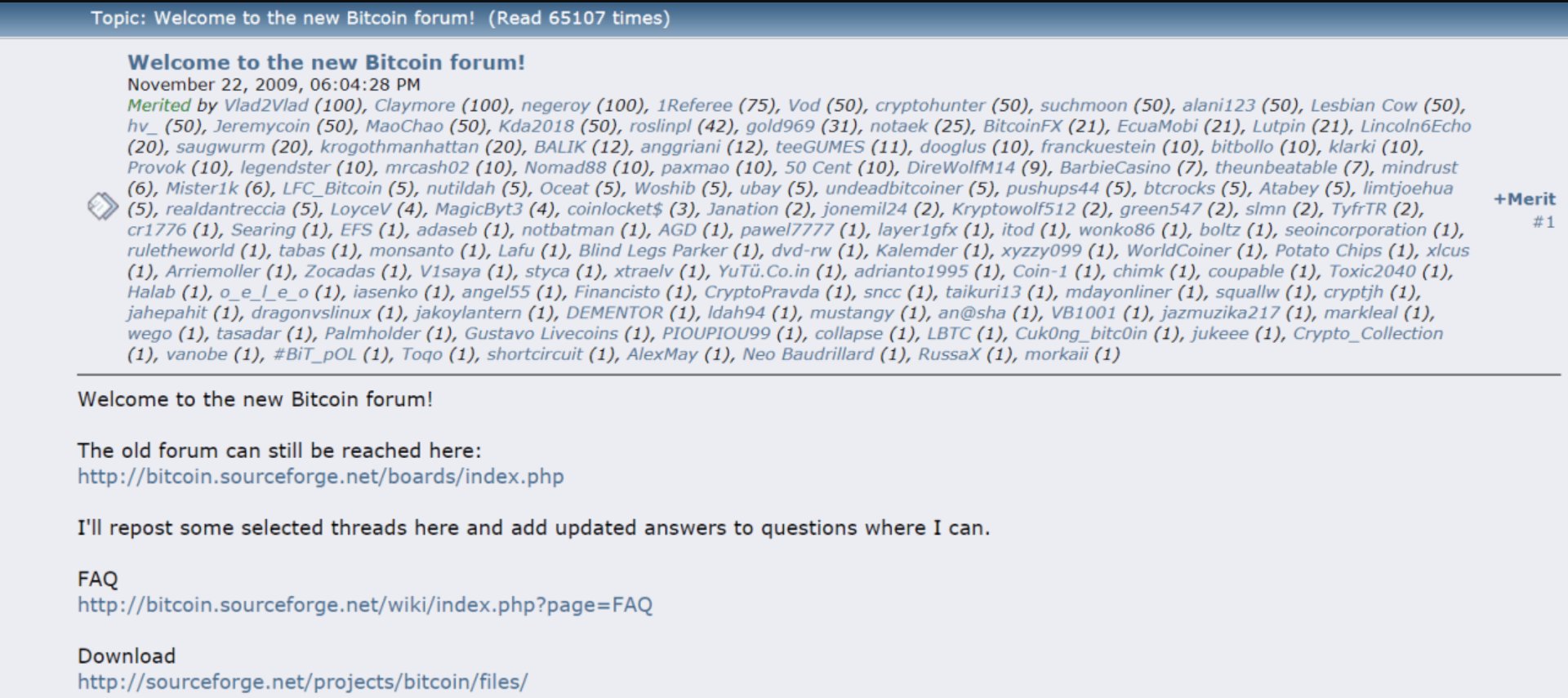 Capture d'écran du message d'accueil sur le forum Bitcointalk, annonçant la migration depuis le forum SourceForge et fournissant des liens vers la FAQ et le téléchargement du logiciel Bitcoin en novembre 2009.