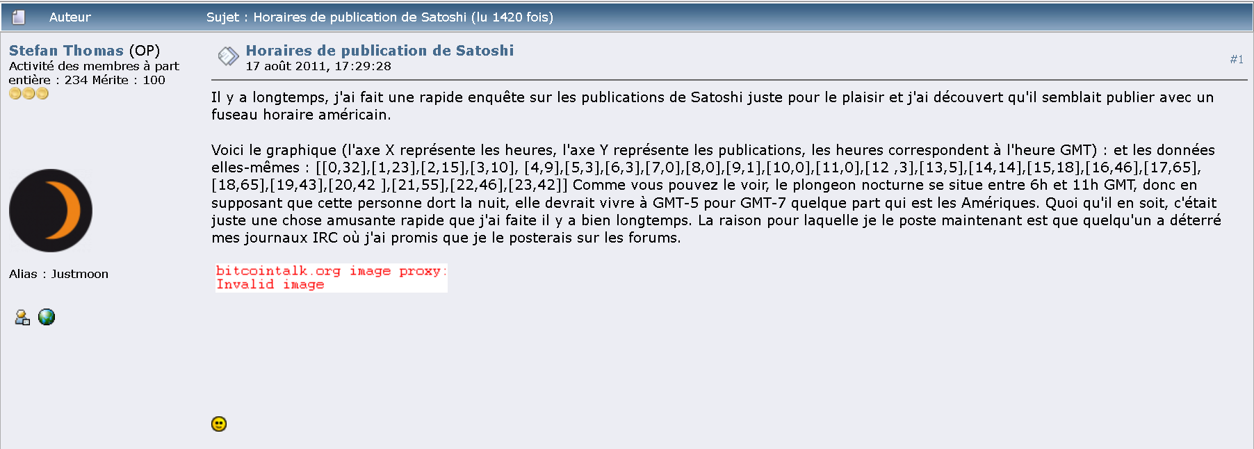 Capture d'écran d'un message de Stefan Thomas sur Bitcointalk.org, daté du 17 août 2011, analysant les horaires de publication de Satoshi Nakamoto et supposant un fuseau horaire américain.