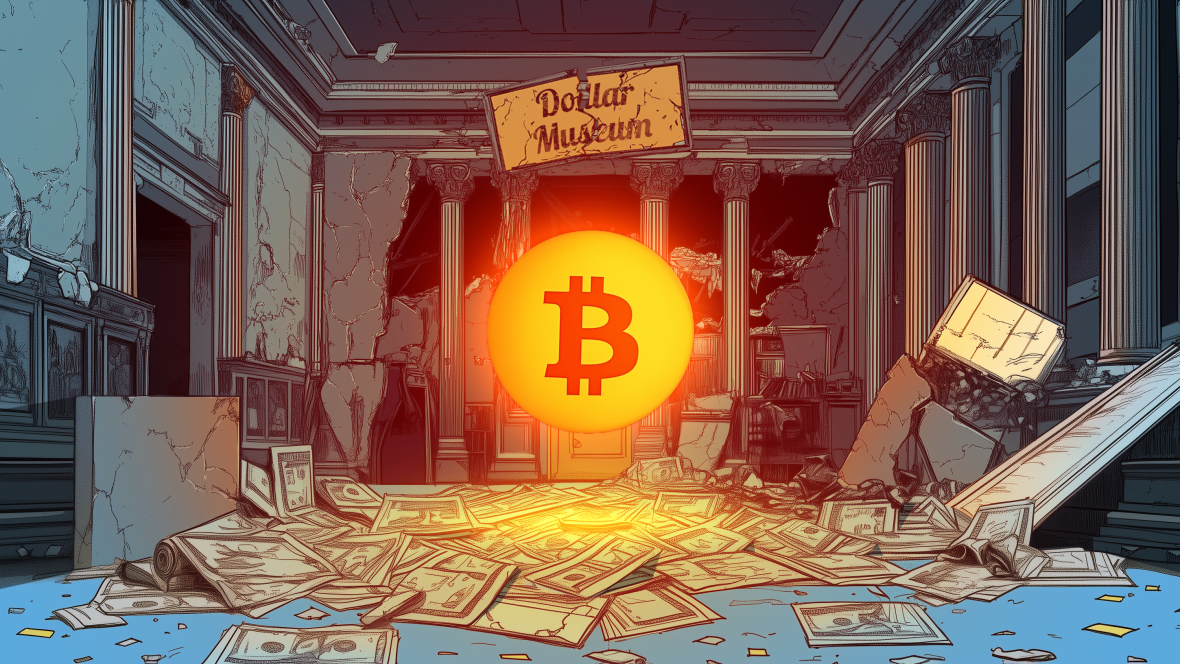 Un logo bitcoin lumineux au centre du "Musée du Dollar". Cette illustration montre la révolution de Bitcoin dans une économie classique.