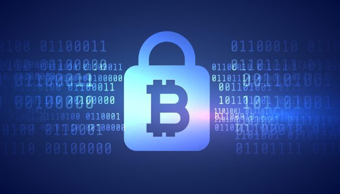 digital bitcoin symbol with secured lock shape background